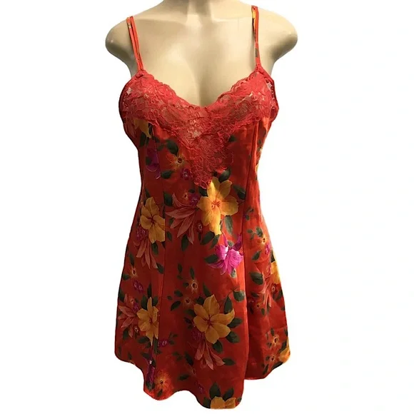 VICTORIA’S SECRET 90’s Vintage Orange Tropical Floral Satin Slip Dress M NWT - Picture 2 of 6
